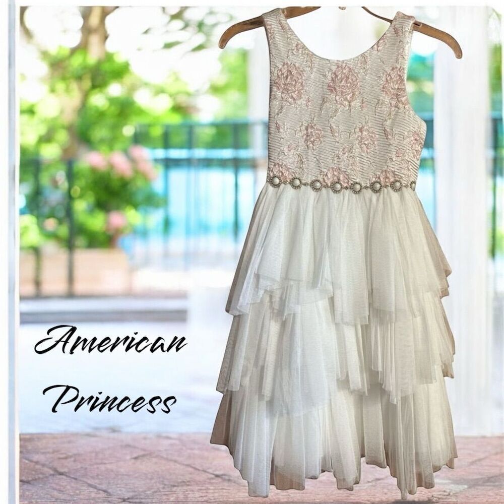 American Princess Pearl Rhinestone White Tiered Tulle Dress Pink Flower Wedding